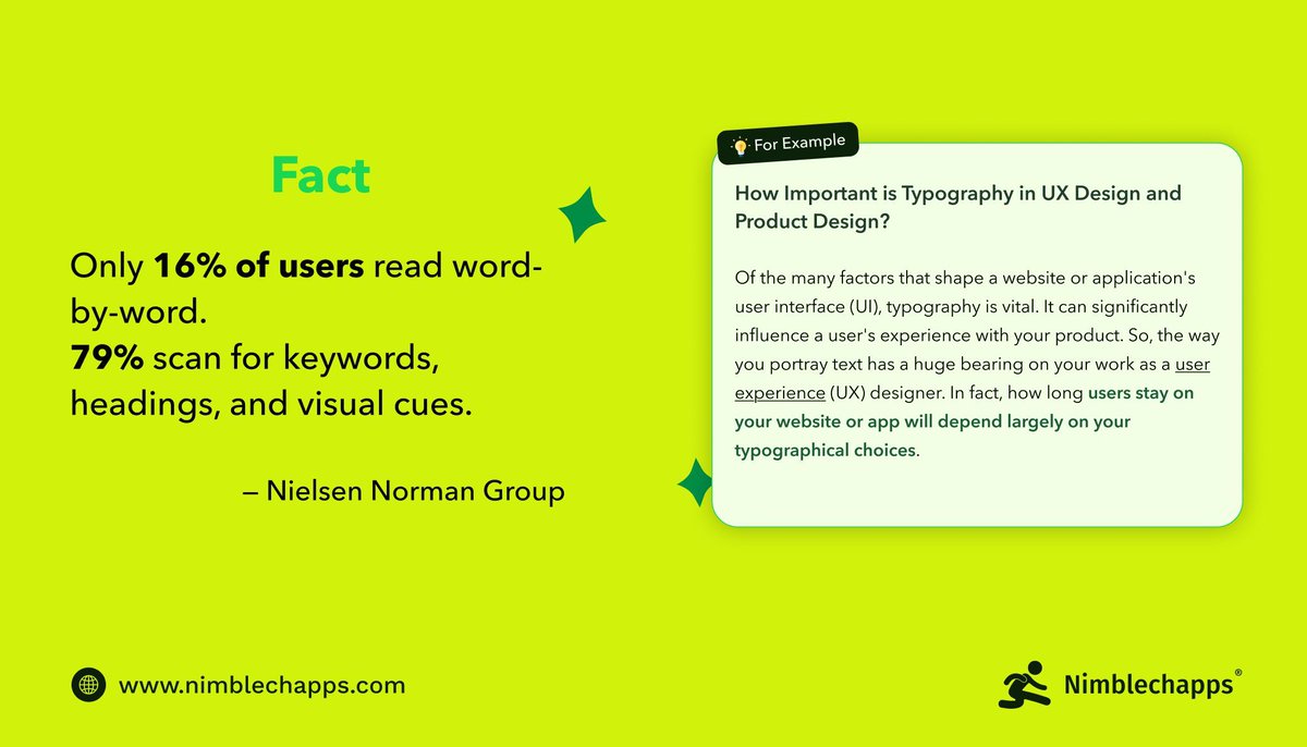 Nimblechapps's tweet image. 📊 Myth: Users read everything on a page.
🔍 Reality: Only 16% read word-by-word.
Most users scan for keywords, headings, and visual cues.
👉 Don’t write for readers — design for scanners.
#UIMusing #UXMusing #UIUXMusing #Nimblechapps #MobileAppDevelopment #ProductDesign