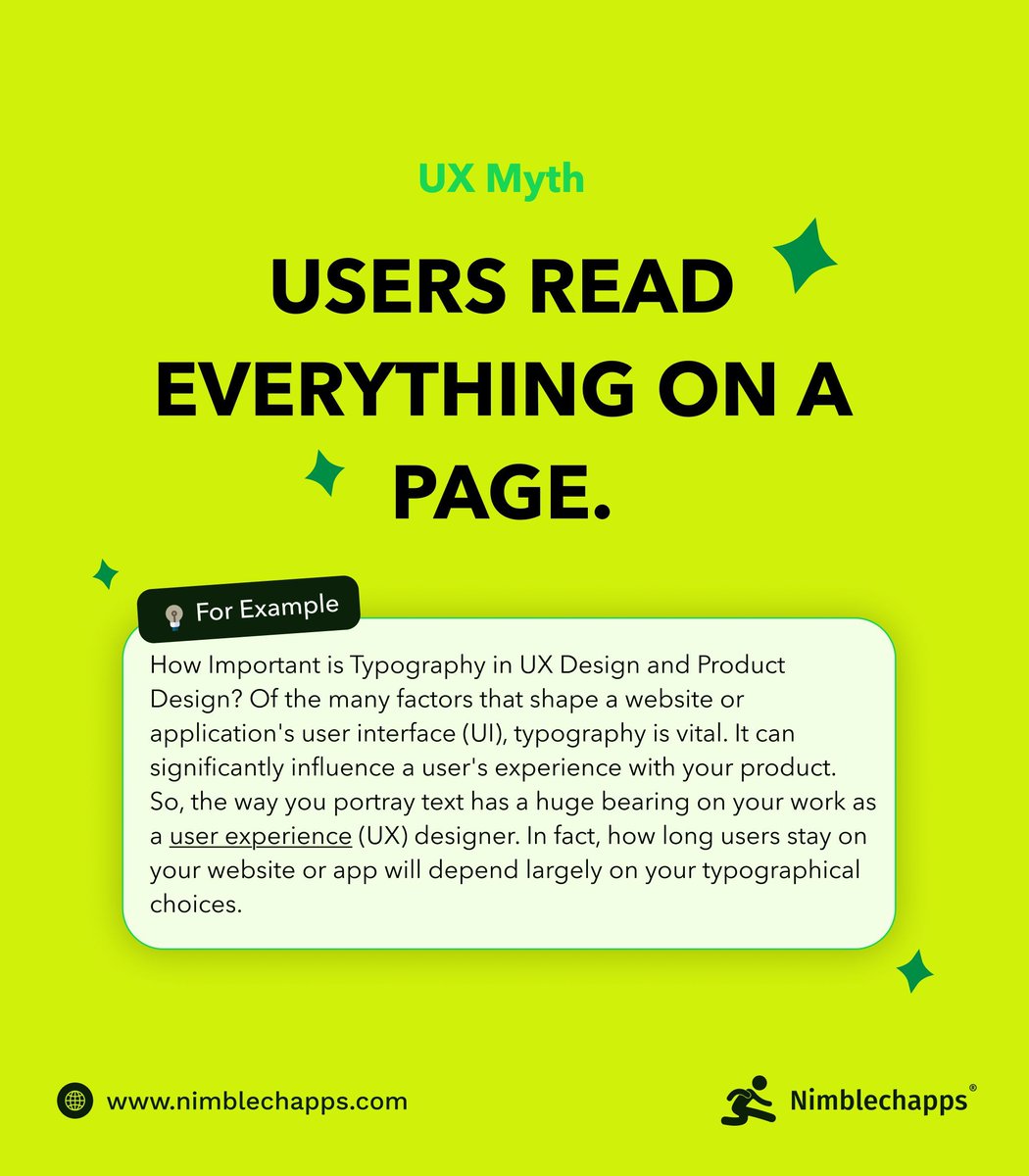Nimblechapps's tweet image. 📊 Myth: Users read everything on a page.
🔍 Reality: Only 16% read word-by-word.
Most users scan for keywords, headings, and visual cues.
👉 Don’t write for readers — design for scanners.
#UIMusing #UXMusing #UIUXMusing #Nimblechapps #MobileAppDevelopment #ProductDesign