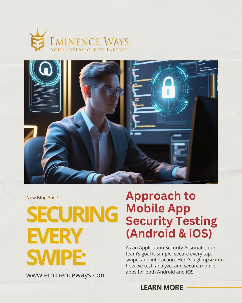 Approach to Mobile App Security Testing (Android &amp; iOS)

Read the full breakdown in the eminenceways.com/blog/mobile_ap…

#AppSec #MobileSecurity #AndroidSecurity #iOSSecurity #VAPT  #MobileAppTesting #CyberSecurityinNepal #EminenceWays #EminenceWaysNepal #YourCyberSecurityPartner