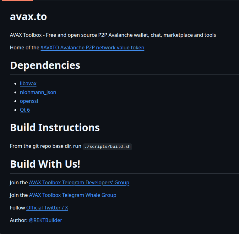 avaxto's tweet photo. $AVXTO is the value token in the AVAX Toolbox P2P application. It's been an integral part of the project from day 1 and will gate access to P2P functions in the app.

You'll also find $AVXTO mentioned in source code, documentation and git project pages. For example, see a sample of our github project page below.

Our main communities are also gated, so that AVXTO hodlers receive maximum value in exchange for supporting the project since the beginning!

#AVXTO is a long term project - the token has true utility and it's not going away when the tides change!

🔺🔺🔺