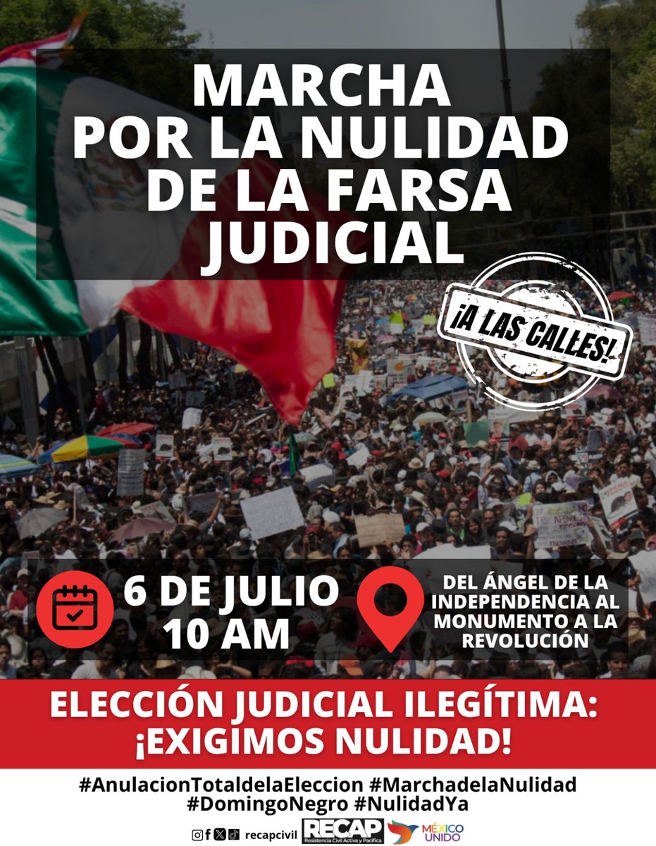 ¡La marcha del 6 de julio NO es solo una marcha! 📢 Es la fuerza que NECESITAN nuestros abogados para GANAR la anulación de la elección judicial. ¡Acción legal + presión ciudadana = JUSTICIA! #AnulacionTotaldelaEleccion #MarchadelaNulidad #DomingoNegro #NulidadYa