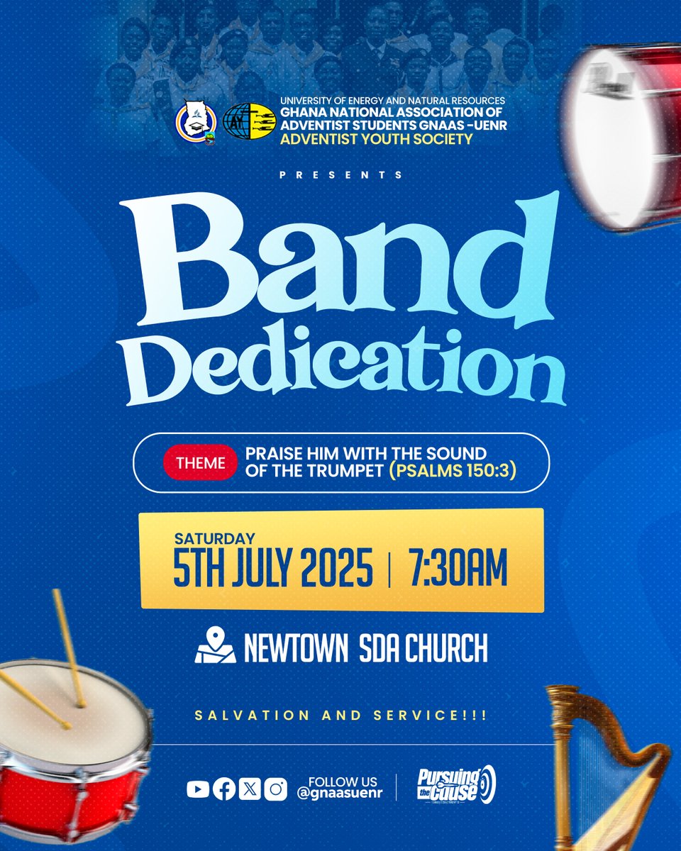 🥁 BAND DEDICATION SERVICE 🎺
"Praise Him with the sound of the trumpet." — Psalms 150:3 🙌🎶

Join the GNAAS-UENR Adventist Youth Society as we lift our instruments and voices in praise and dedication to the Lord!
#BandDedication2025 #PraiseWithInstruments #GNAASUENR #AYSGhana