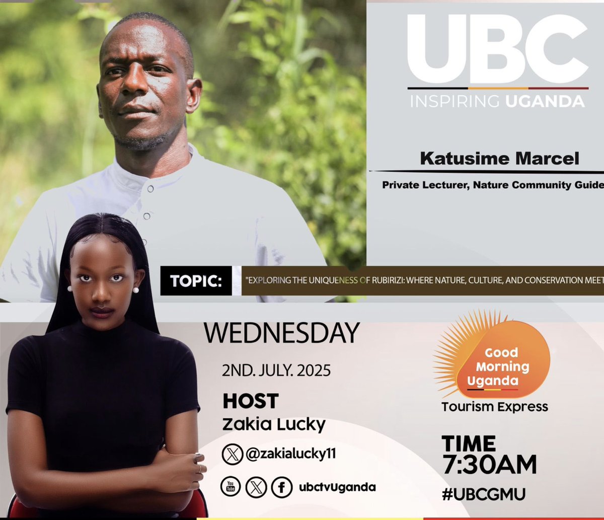 UBC UGANDA (@ubctvuganda) on Twitter photo UP NEXT: Exploring the uniqueness of Rubirizi: Where Nature , Culture and Conservation meets.
Join the conversation with <a href="/zakialucky11/">Zakia Lucky</a> and Katusime Marcel.
Tune in! | 🕖7:30AM
#UBCGMU UP NEXT: Exploring the uniqueness of Rubirizi: Where Nature , Culture and Conservation meets.
Join the conversation with <a href="/zakialucky11/">Zakia Lucky</a> and Katusime Marcel.
Tune in! | 🕖7:30AM
#UBCGMU