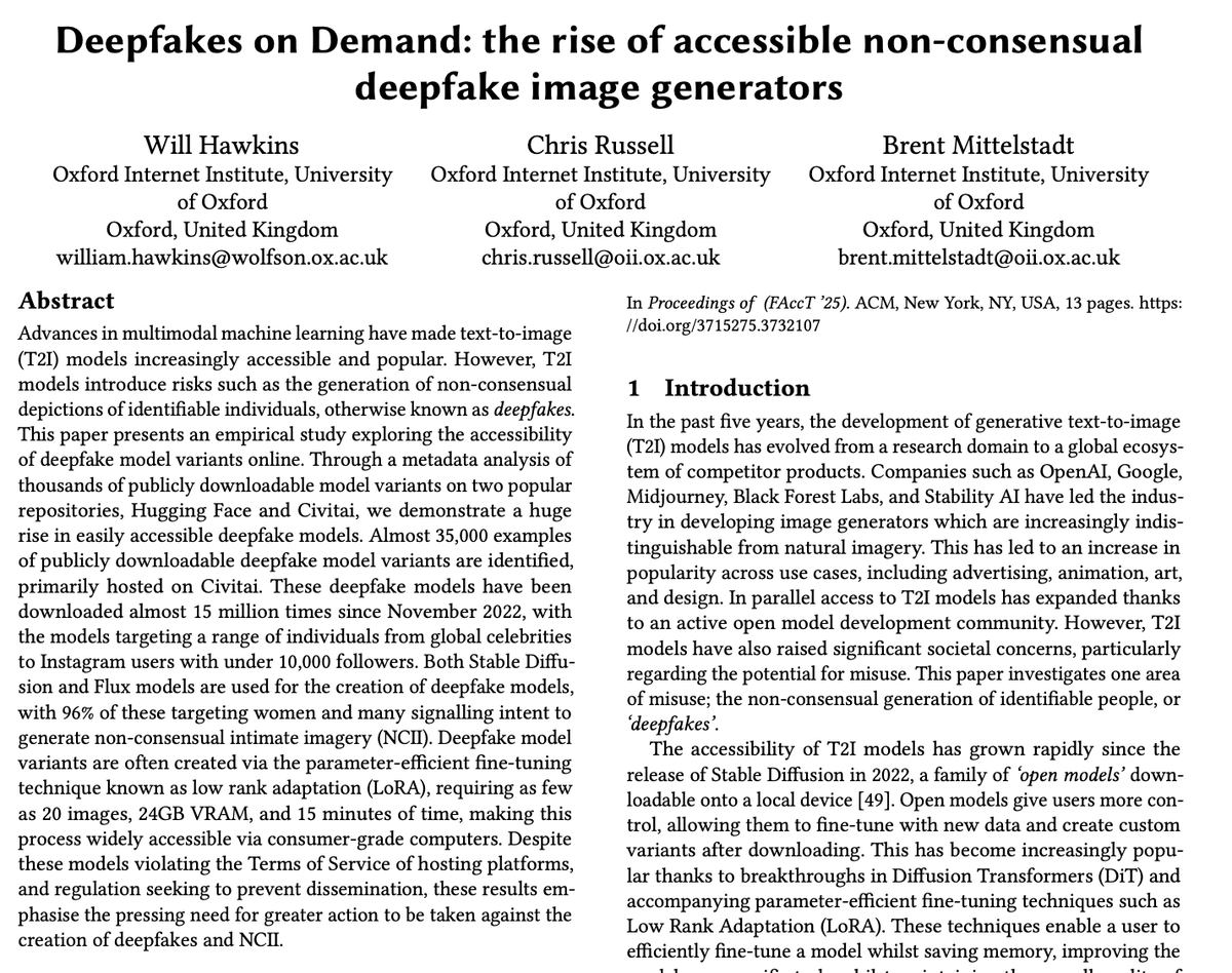 Non consensual deepfakes have always been a concern but they've been getting realllyy good with the recent LoRA methods

This paper looks at a platform that hosts such finetuned LoRA models &amp; shows how it disproportionately targets women (not just celebs)

arxiv.org/abs/2505.03859