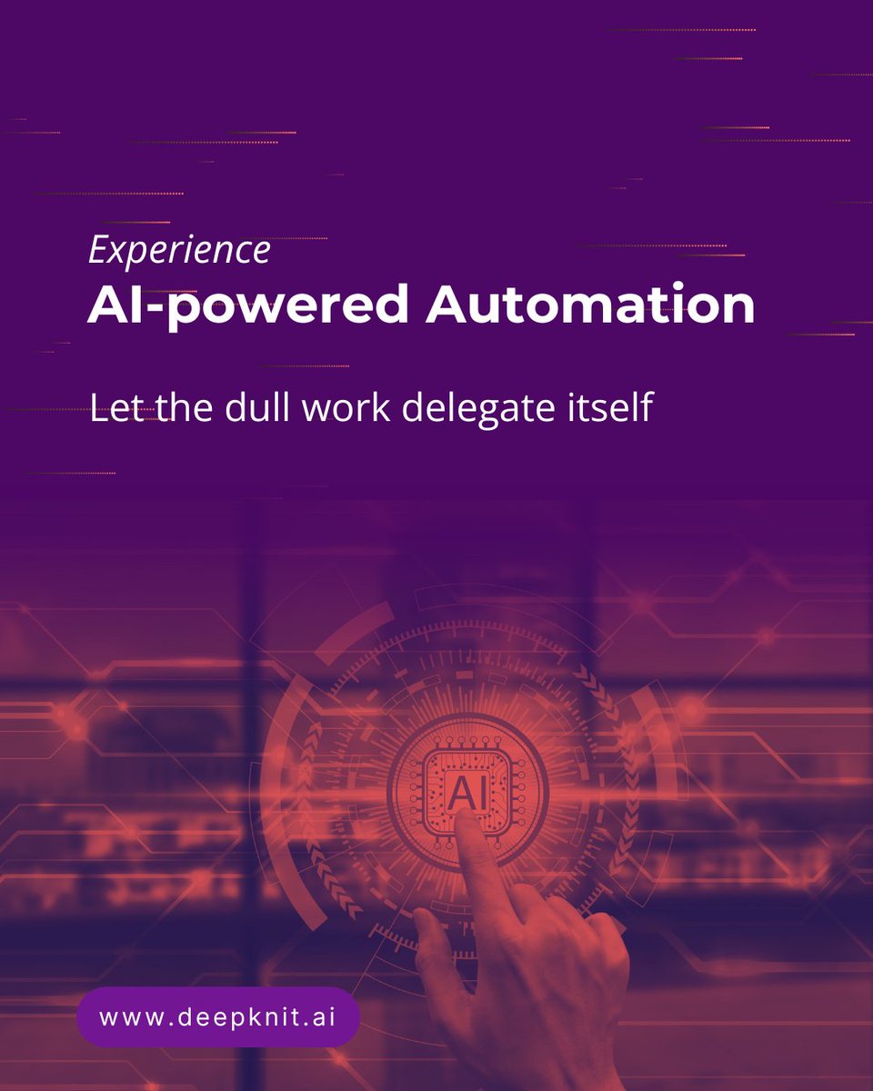 deepknitai's tweet image. DeepKnit AI brings next-level AI automation that takes on the manual, boring tasks—automating decisions and not just steps. Our AI automation tools bring smart, custom workflows to life without the mess of legacy systems.
Automate your workflows with us.
#AIWorkflowAutomation