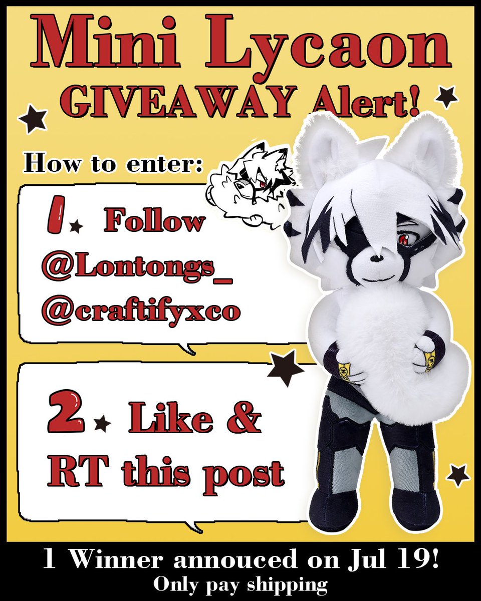 📢 Mini Lycaon GIVEAWAY Alert!
To celebrate reaching our milestone, we’re giving away a #MiniLycaonPlush !
How to enter:
1️⃣ Follow <a href="/craftifyxco/">CraftifyX</a> @lontongs_
2️⃣ Like &amp; RT this post

1 Winner will be announced on Jul 19—good luck! 🐺✨

Product link: craftifyx.com/products/mini-…