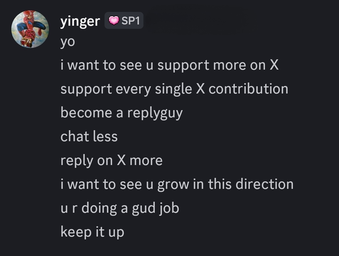 This is exactly what <a href="/0xCRASHOUT/">crashout</a> wants from us  — reply to every single contribution on X.

New promotional wave is just around the corner, You already know the direction... now go all in.

Be the reply guy.
And hey, if you’re a true Succinct believer — drop a reply to this post