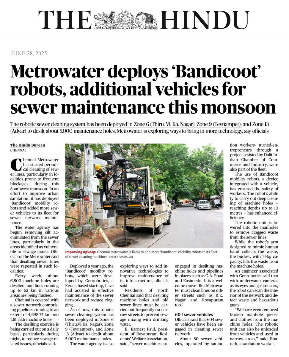Chennai is setting an example for urban transformation! 🏙️

With <a href="/CHN_Metro_Water/">Chennai Metro Water</a> deploying Bandicoot Robots for over a year, sewer cleaning is now safer, smarter, and more humane.
Sanitation workers have become Robot operators - gaining dignity, safety &amp; purpose through