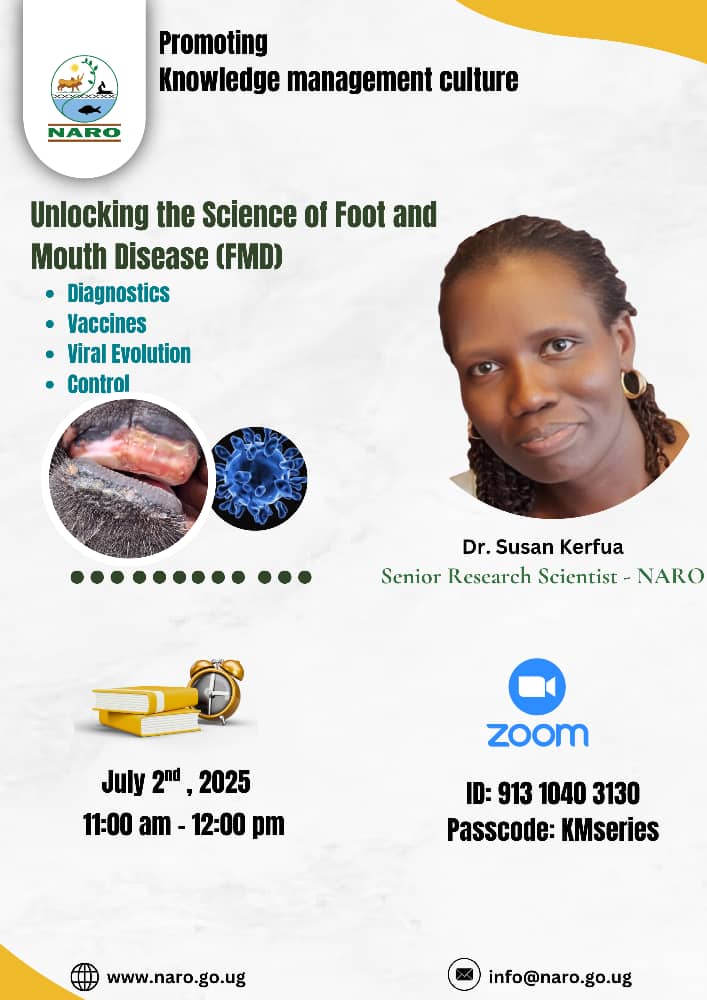 Happening today. <a href="/narouganda/">NARO Uganda</a> scientist will educate us on #FootandMouth disease symptoms, vaccination, and control in #livestock. Join us at 11:00 am EAT. zoom.us/meeting/regist…