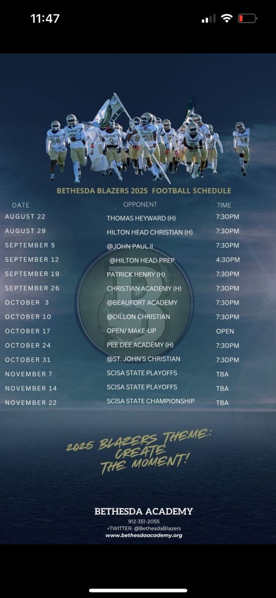 Bethesda Blazers (@bethesdablazers) on Twitter photo We are gearing up for the 2025-2026 Football season Scrimmage Games: Frederica Academy (Aug. 1 at Bethesda at 7:30pm) and Aug. 15 at Windsor Forest at 7:30pm
Go Blazers!!
<a href="/DennisKnightSMN/">Dennis Knight</a> <a href="/PrepSav/">Prep Sports Report SAV</a> <a href="/AmyZimmerWJCL/">Amy Zimmer</a> <a href="/ZachFoxSports1/">Zach Fox</a> <a href="/Joey_B_Lamar/">Joey Lamar</a> We are gearing up for the 2025-2026 Football season Scrimmage Games: Frederica Academy (Aug. 1 at Bethesda at 7:30pm) and Aug. 15 at Windsor Forest at 7:30pm
Go Blazers!!
<a href="/DennisKnightSMN/">Dennis Knight</a> <a href="/PrepSav/">Prep Sports Report SAV</a> <a href="/AmyZimmerWJCL/">Amy Zimmer</a> <a href="/ZachFoxSports1/">Zach Fox</a> <a href="/Joey_B_Lamar/">Joey Lamar</a>