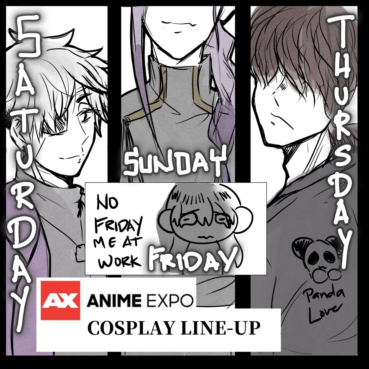 SeiounArt's tweet photo. Can't believe #AnimeExpo2025  is coming super close! Here's my #CosplayLineup for the weekend!

Day 1 Warumono-san [Mr. Villain's Day-off]
Day 2 No Con Work T^T
Day 3 Reiji Amamiya [Tokyo Aliens]
Day 4 Some Kaiju Captain [Kaiju No. 8]
 (Going to try and go to KN8 Panel)

See ya💜 https://t.co/i0WZVtp8JZ