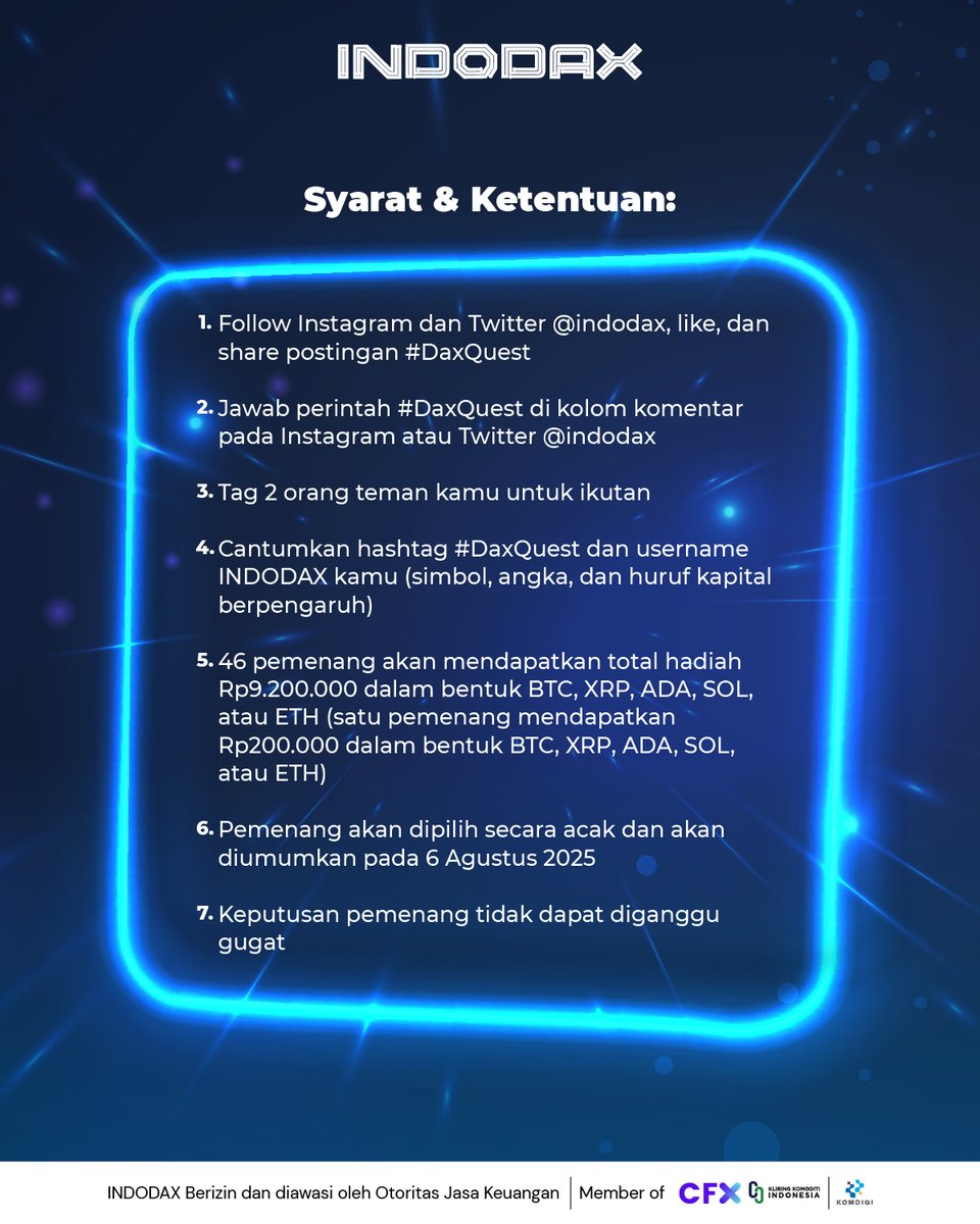 indodax's tweet photo. Yuk ikutan #DaxQuest! Ada hadiah Rp9,2 juta dalam bentuk BTC, XRP, ADA, SOL, atau ETH untuk 46 pemenang!

Cukup jawab bagaimana melewati rintangan untuk mendapatkan aset kripto tersebut, setiap hari kecuali weekend

Ikuti syarat ketentuan lainnya juga ya

#INDODAX #AsetMasaDepan https://t.co/BrdsQdB6an