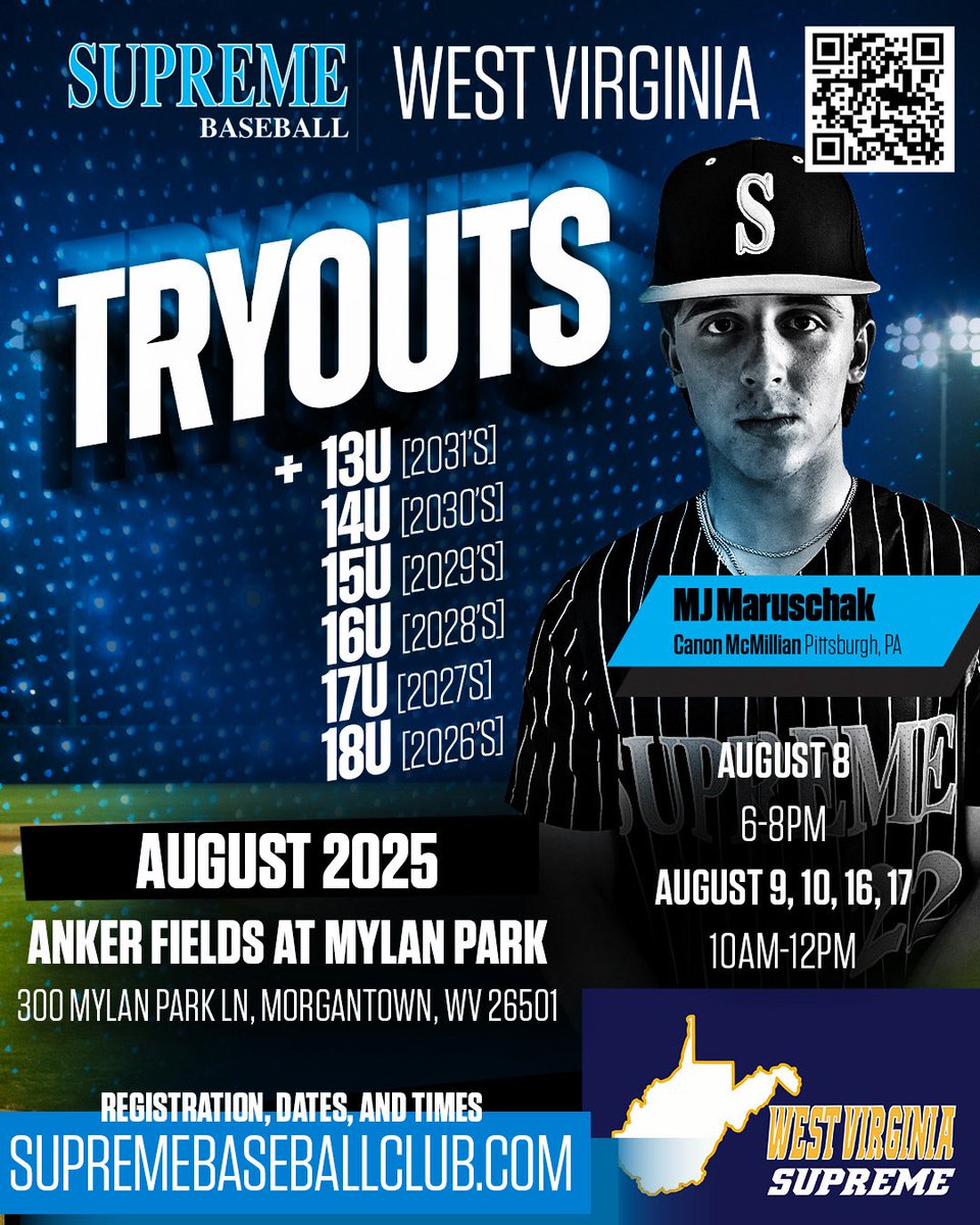 WVSupreme's tweet photo. Supreme National 15u-18u &amp; 13u, 14u Penn Supreme/West Virginia Supreme Tryouts in Pittsburgh PA &amp; Morgantown WV start Aug 5th …https://t.co/vVC4Xb3kru. 15u 16u 17u 18u https://t.co/qOgzKoHSpN…
@SBCNationScout @PennSupreme @KentuckySuBase @WVSupreme @OhioSupreme @TopProspectsTF https://t.co/AlQdxej2Ip