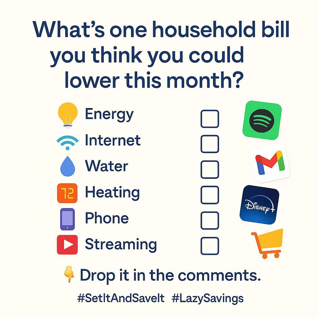MelRomanOnline's tweet photo. What’s a bill you know you could lower but haven’t… yet?
Be honest.
👇 I’ll go first: [insert yours here]
#LazySaver #SetItAndSaveIt https://t.co/ZMiZqUGmbG