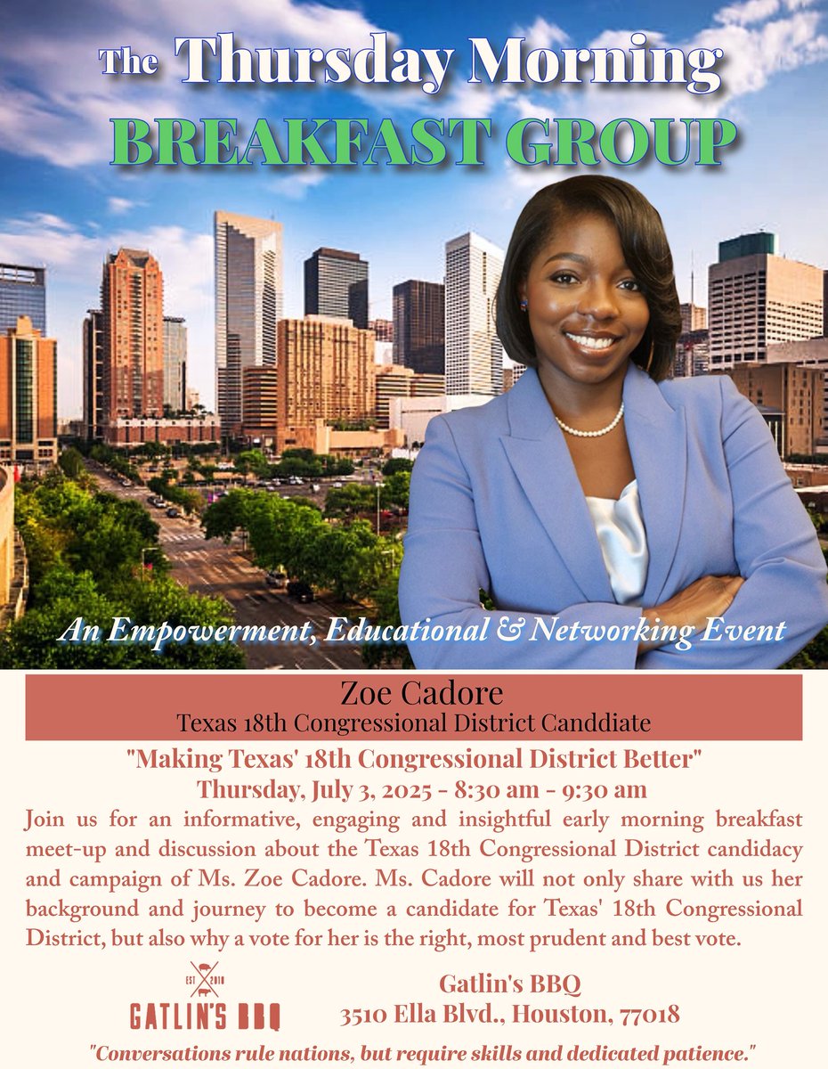 Zoe Cadore (@zoecadore) on Twitter photo Join me this Thursday at <a href="/GatlinsBBQ/">Gatlin's BBQ</a> #ZoeforCongress Join me this Thursday at <a href="/GatlinsBBQ/">Gatlin's BBQ</a> #ZoeforCongress