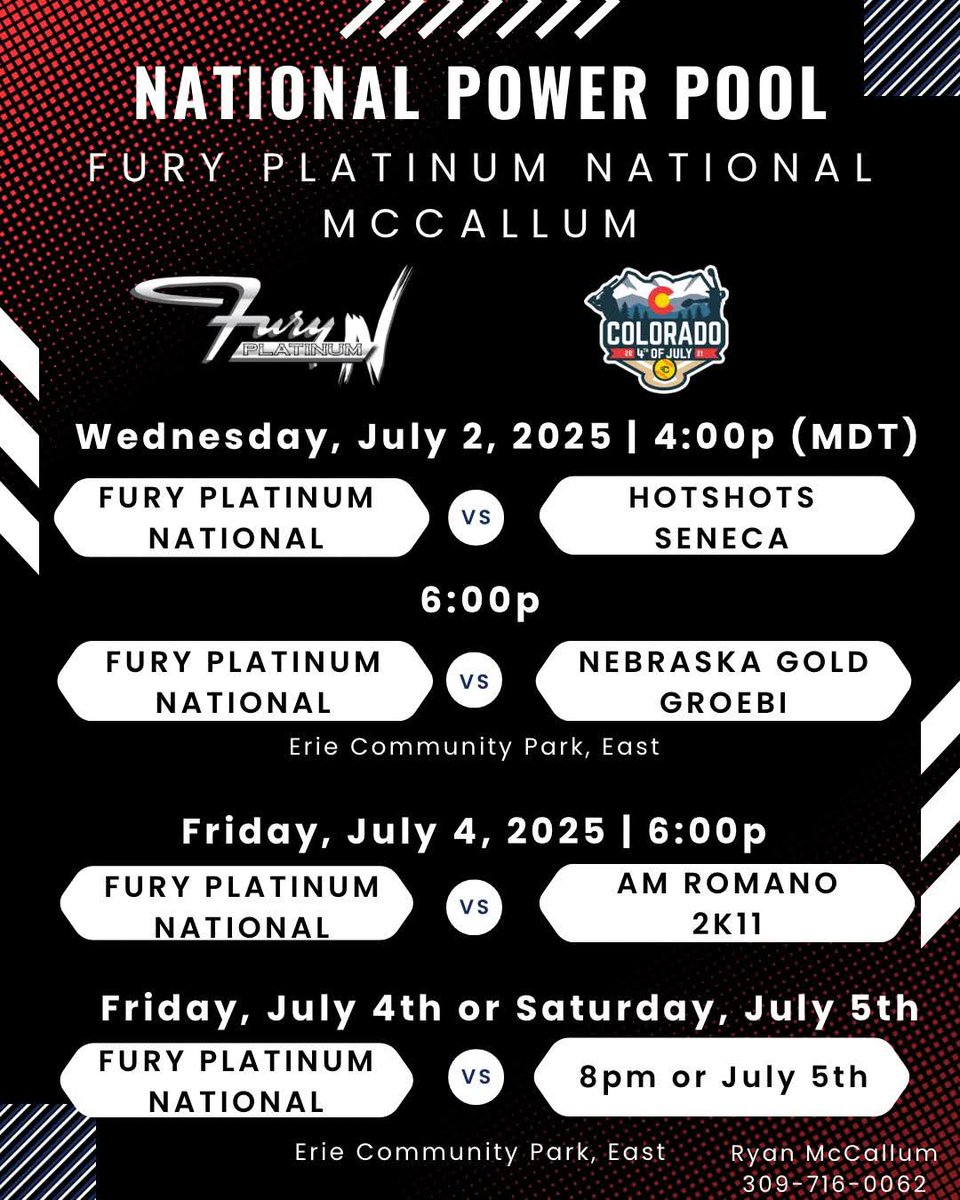 Continued schedule for the week with double elim bracket starting Friday.
#PlatinumProud
📍Erie Community Park: 450 Powers St. Erie, CO