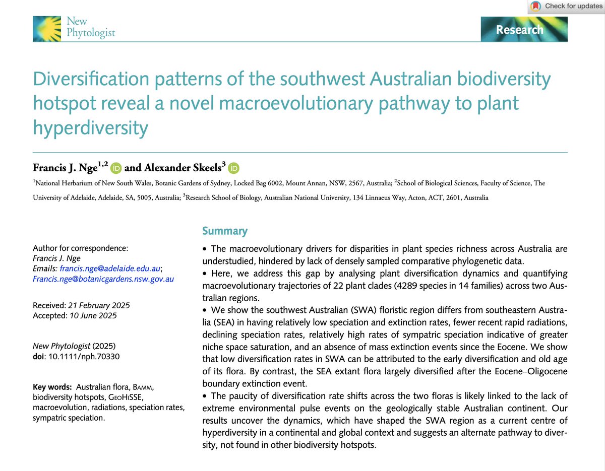 Francis Nge (@jason_nge) on Twitter photo Great to get this paper out on macroevolutionary trends of the hyperdiverse southwest Australian and eastern Australian floras! <a href="/AustralianBG/">The Australian Botanic Garden</a> <a href="/NewPhyt/">New Phytologist</a>
Article is open access and can be downloaded here:
lnkd.in/gaxzYppQ Great to get this paper out on macroevolutionary trends of the hyperdiverse southwest Australian and eastern Australian floras! <a href="/AustralianBG/">The Australian Botanic Garden</a> <a href="/NewPhyt/">New Phytologist</a>
Article is open access and can be downloaded here:
lnkd.in/gaxzYppQ