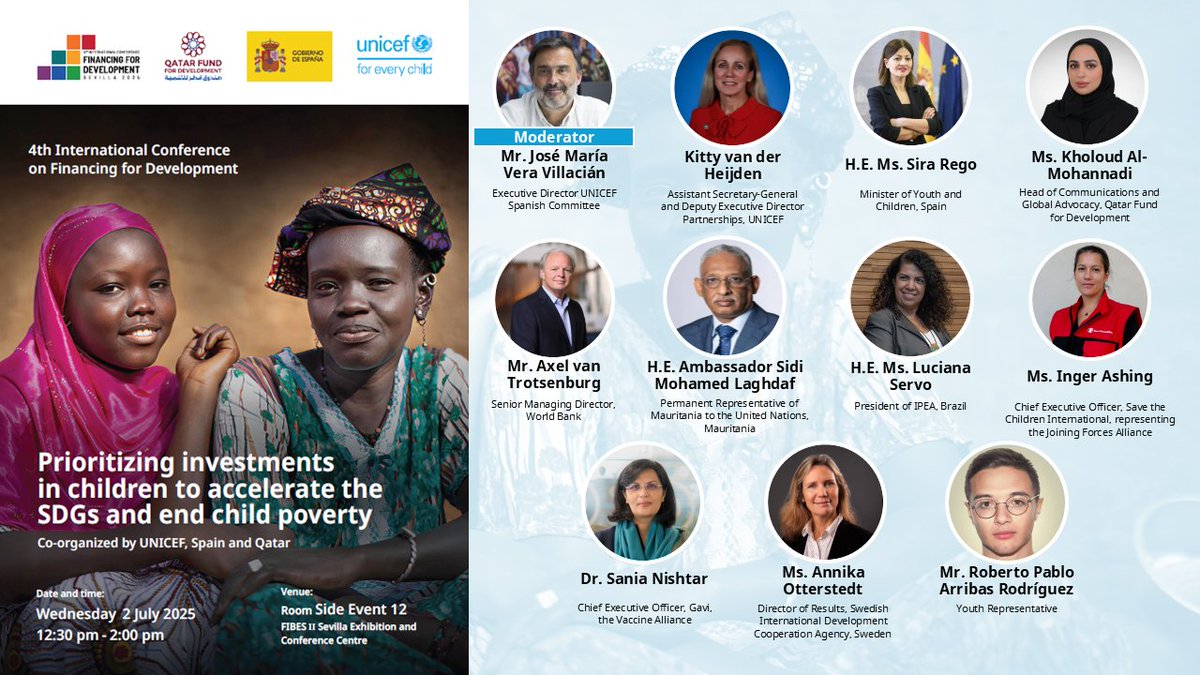 Prioritizing investments in children is key to accelerate the SDGs and to end child poverty.  Join this important event today 12:30 - 14:00 in #FFD4Sevilla