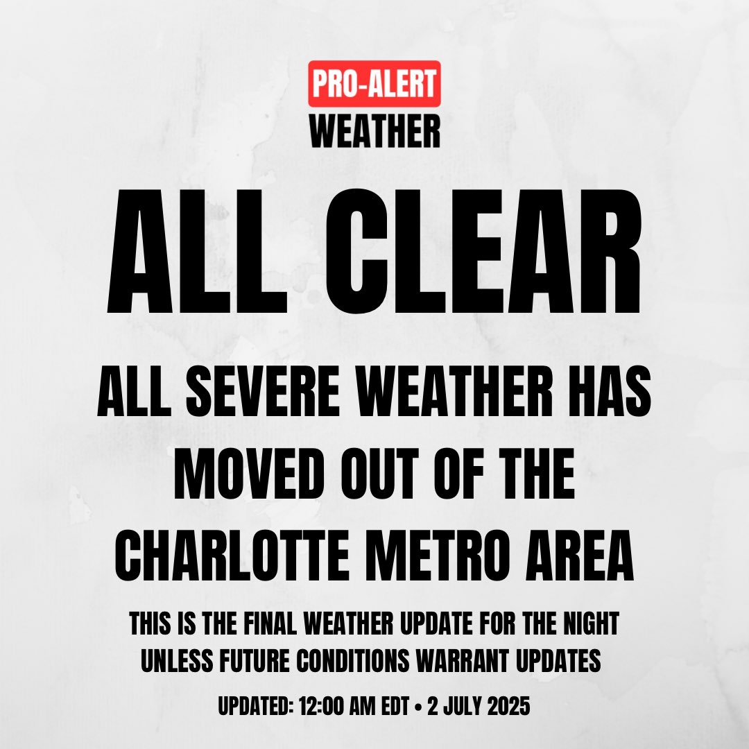 ProAlertWeather's tweet image. We are “All Clear” from the main #SevereWeather in the #Charlotte Metro Area. This is the final update for the night unless future conditions warrant updates.

#NCWX #SCWX #CLTWX #PAWSevere25 #JDHuffmanPAW #ProAlertWeatherNC @JDHuffmanPAW