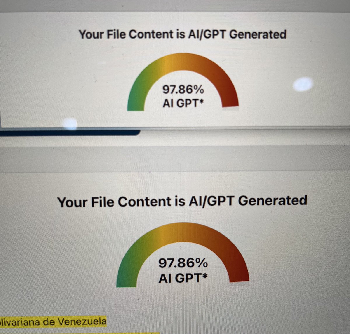 David A. Forero-Peña MD. (@davidforeromd) on Twitter photo Así como cuando estás calificando los proyectos de investigación de tus estudiantes, lo pasas por el detector de Ia IA y te sale esto.
No se si valga la pena leerlo 😅 Así como cuando estás calificando los proyectos de investigación de tus estudiantes, lo pasas por el detector de Ia IA y te sale esto.
No se si valga la pena leerlo 😅