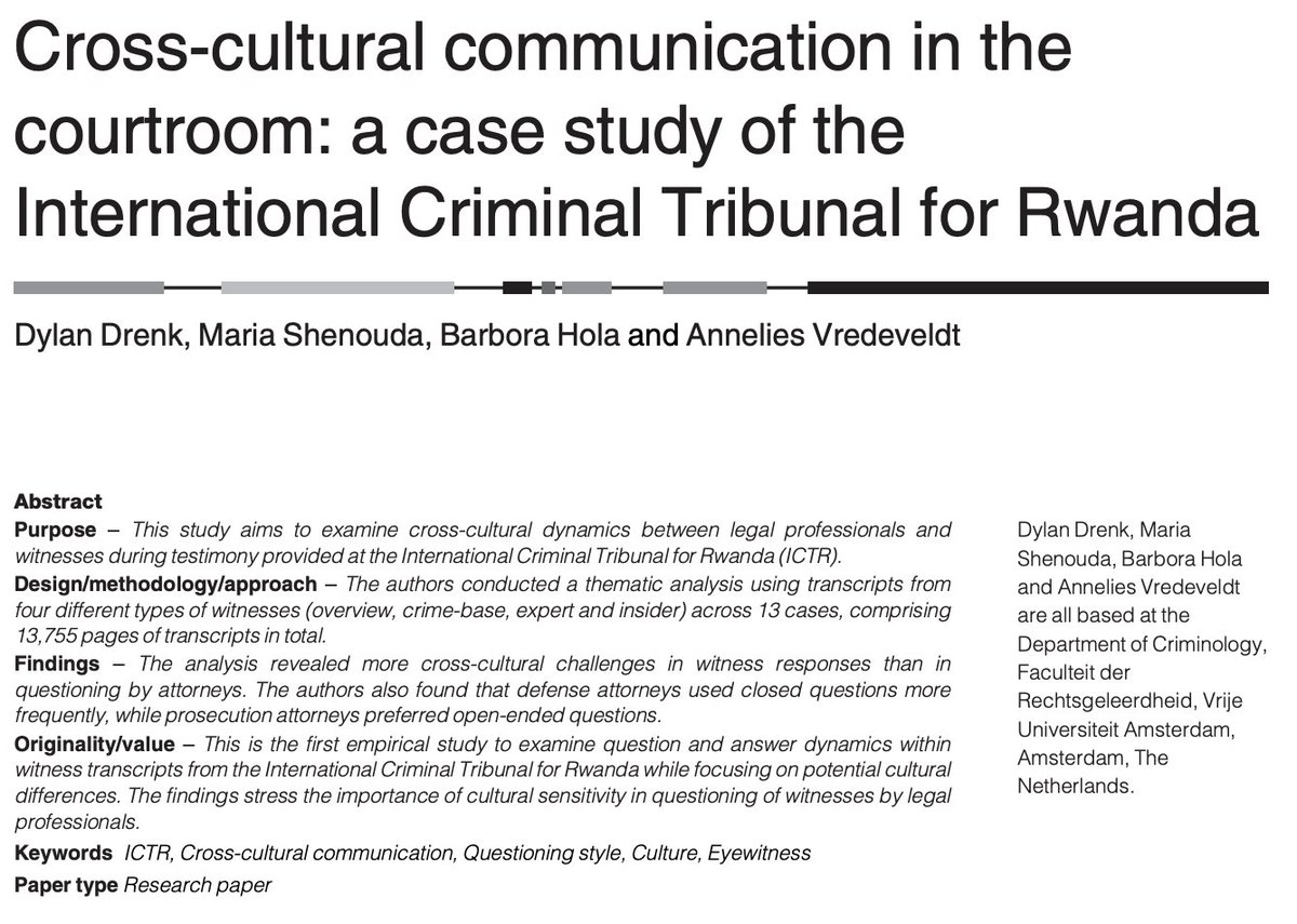 Amsterdam Laboratory for Legal Psychology (@amslablegpsy) on Twitter photo 🚨 Just published! Our case study on the ICTR reveals how cultural background shapes courtroom communication. Witnesses from non-WEIRD contexts often gave indirect responses, easily misinterpreted as unclear or evasive by legal professionals <a href="/anneliesvrede/">Annelies Vredeveldt @anneliesvrede.bsky.social</a> doi.org/10.1108/JCP-12… 🚨 Just published! Our case study on the ICTR reveals how cultural background shapes courtroom communication. Witnesses from non-WEIRD contexts often gave indirect responses, easily misinterpreted as unclear or evasive by legal professionals <a href="/anneliesvrede/">Annelies Vredeveldt @anneliesvrede.bsky.social</a> doi.org/10.1108/JCP-12…