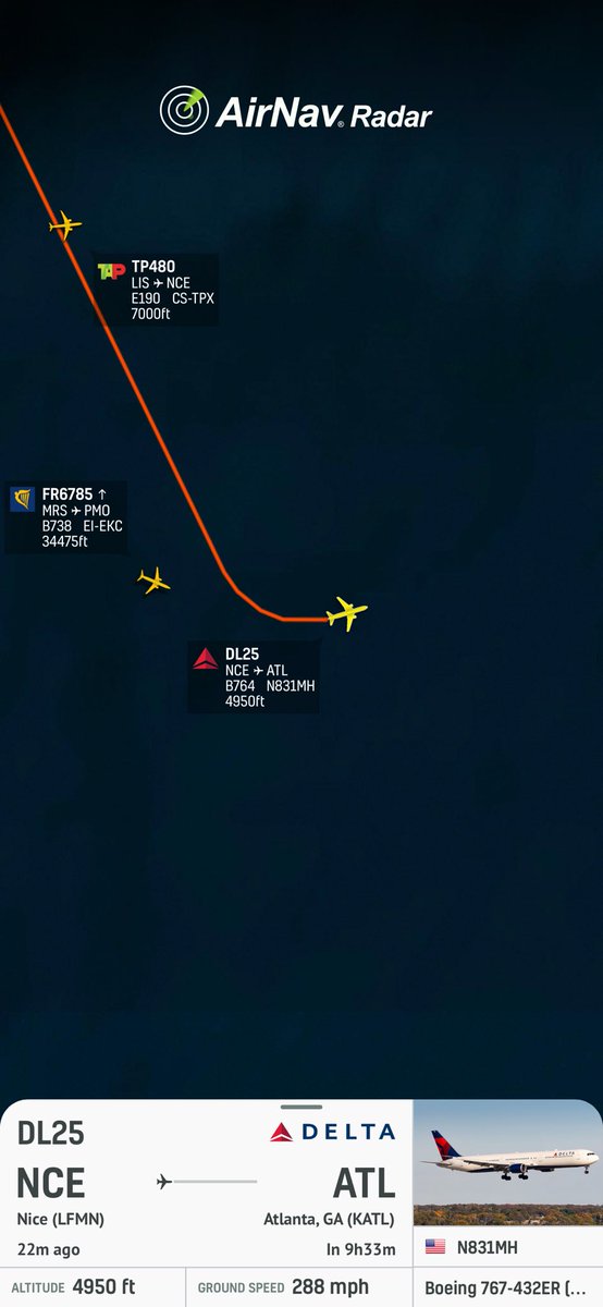 Flight Emergency (@flightemergency) on Twitter photo Delta flight DL25
NCE- ATL
Squawking 7700 (emergency)
<a href="/AirNavRadar/">AirNav Radar</a>
Follow flight DL25 at AirNav Radar airnavradar.com/flight/DL25 Delta flight DL25
NCE- ATL
Squawking 7700 (emergency)
<a href="/AirNavRadar/">AirNav Radar</a>
Follow flight DL25 at AirNav Radar airnavradar.com/flight/DL25
