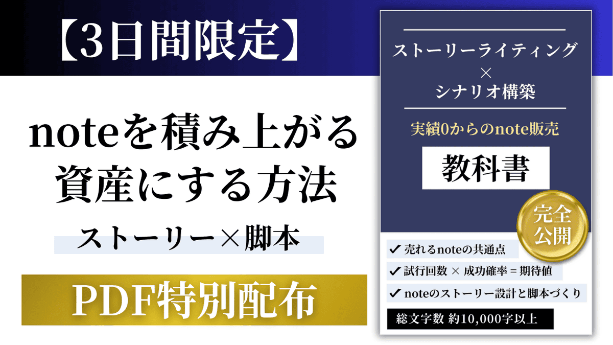 clean_011's tweet photo. 【3日間限定】
新作PDFを特別配布します。
──────────────
【noteを積み上がる資産にする方法】
ストーリーライティング×シナリオ構築の教科書
──────────────
(総文字数1万字以上、PDF67枚)

僕がnoteを「3日で239部」
売った裏側を戦略や、

累計800部売れたライティングについて語ったPDFです。

毎日SNSを更新しても、
フォロワーを増やしても、
セールスライティングとか学んでも、

収益が安定しないのはここに書いてあることがすべての原因です。

【内容】
・noteの売上を
3〜5倍増やす3つのポイント

・数学の“相似”から学ぶ
売上を安定させる秘訣

・毎日有益発信してるのに
読まれない根本原因

・3日で239部販売した
3ステップと大原則

・AI×ノウハウ記事で
勝負してはいけない真の理由

・たまたま売れる
運ゲー地獄からの脱出方法

・世界観を統一させて
ファンを増やす伝え方の技術

・少フォロワーの弱小垢でも
高単価商品を売る戦略

・「誰が言うか？」を意図的に
つくるキャラクター設計メソッド

【受け取り条件】
1, いいねとフォロー
(可能であればRTも)

2, リプ
(なんでもOK)

▼受け取りはこちら
https://t.co/sx7pMX3ZIW
