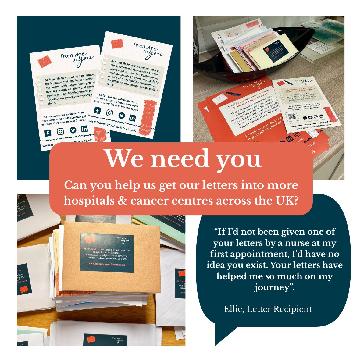 We are on the lookout for new outlets to distribute our letters into and we need your help please 🙏.

Do you know of a hospital or cancer centre that you think would like to receive letters for their patients? If yes and you have a contact name we would love to hear from you!