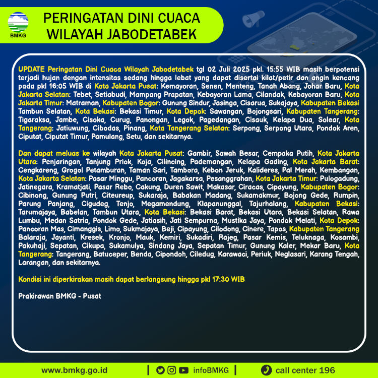 Update Peringatan Dini Cuaca Wilayah - Jabodetabek Tgl. 02 Juli 2025 pkl. 16:05 WIB
Prakirawan - BMKG - Pusat
nowcasting.bmkg.go.id/nowcast?kodwil…