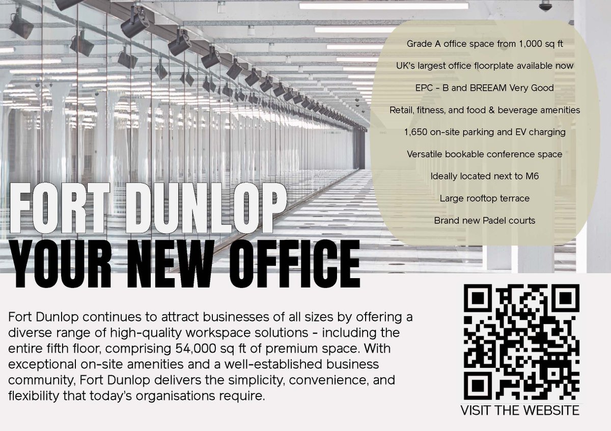 Discover our 5th floor at Fort Dunlop, offering 1,000 to 54,000 sq ft of iconic office space. Tailored to fit your needs, join a vibrant community that thrives on our ethos of 9 - thrive. Elevate your workspace! #OfficeSpace #FortDunlop