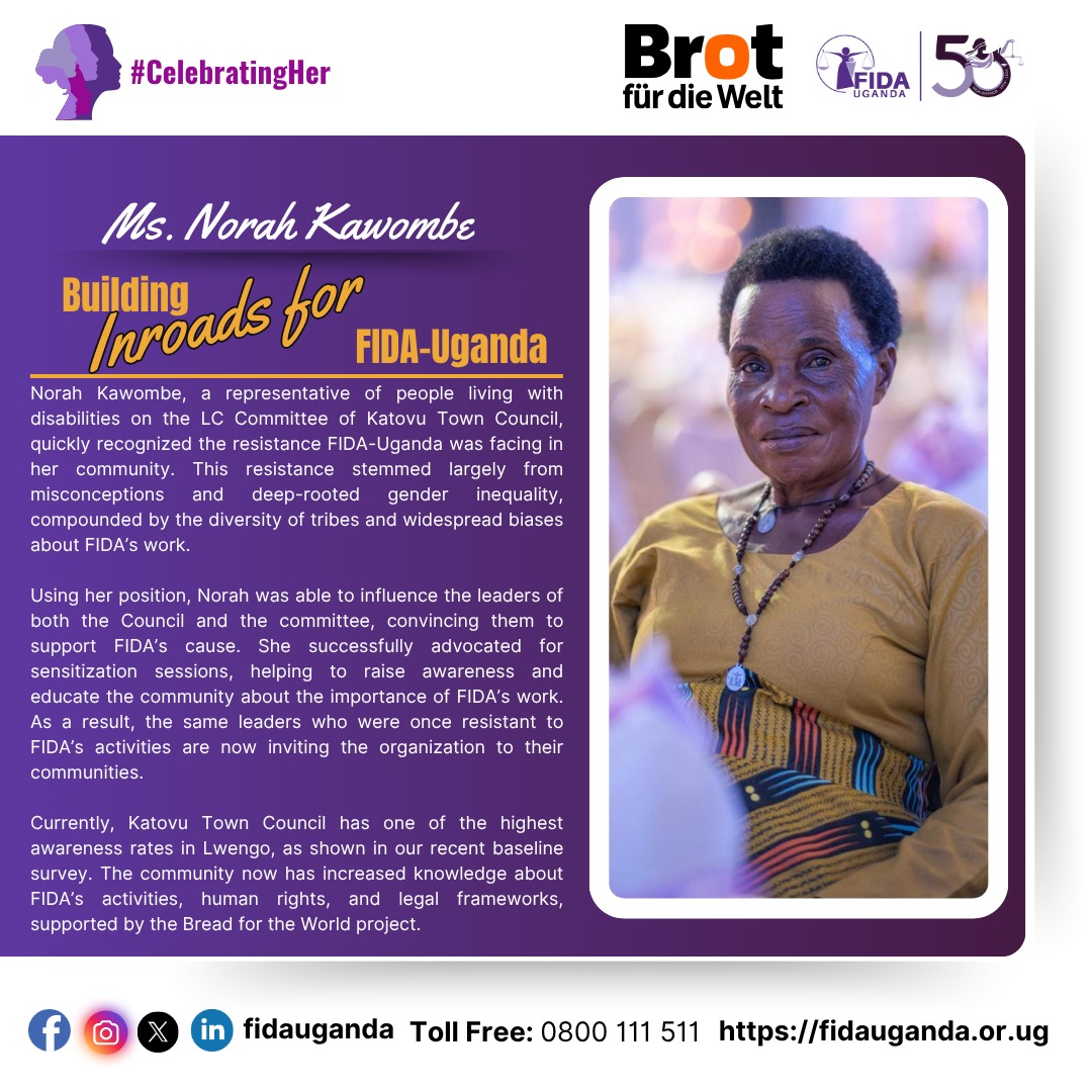 FIDA_Uganda's tweet photo. 💜 #CelebratingHer | Norah Kawombe is a passionate advocate for inclusion and justice in Lwengo. As a representative of persons with disabilities on the LC Committee of Katovu Town Council, she’s breaking barriers, challenging bias, and building trust between communities and FIDA-Uganda. Her work is transforming mindsets and opening doors for legal empowerment at the grassroots. Supported by @BreadfortheWorld.
#B4TWProject
