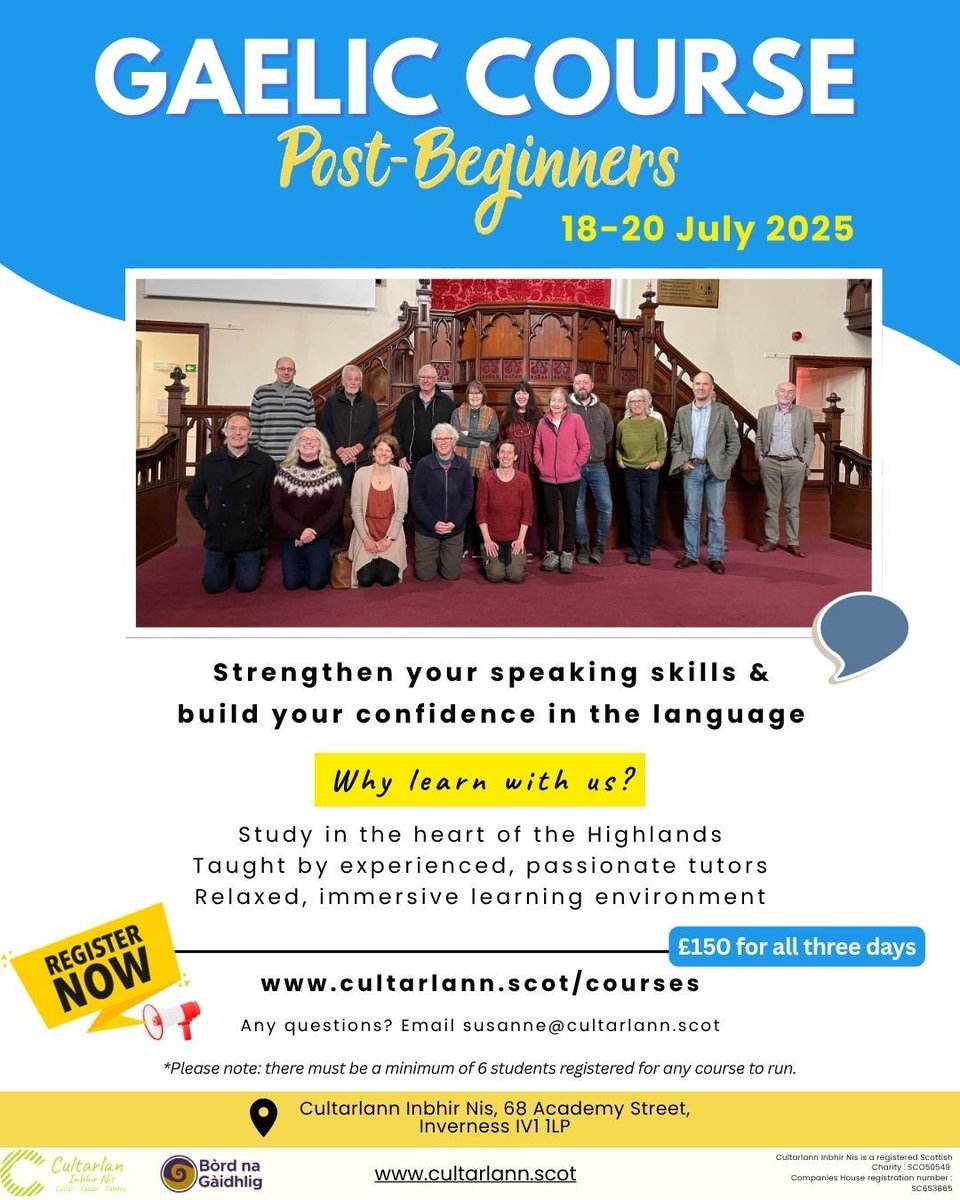 Do you want to strengthen your Gaelic speaking skills and build your confidence?

Immerse yourself in Gaelic for 3 days on our Post-Beginners Course and emerge with a renewed confidence. Siuthadaibh!

👉 cultarlann.scot/courses/

#learngaelic #gàidhlig #scottishgaelic #gaelic