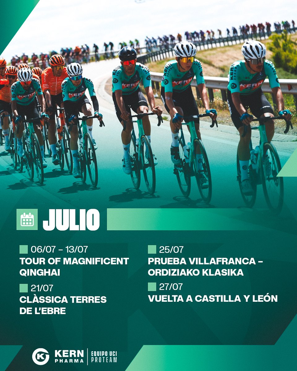 ☀️ ¡Vamos a por el mes de julio! 

🇨🇳 Comenzamos este domingo en China en el Tour of Magnificent Qinghai 

Y terminaremos con tres clásicas cerca de casa: 
💚 Clàssica Terres de l'Ebre 
💚 Prueba Villafranca - Ordizako Klasika
💚 Vuelta a Castilla y León
