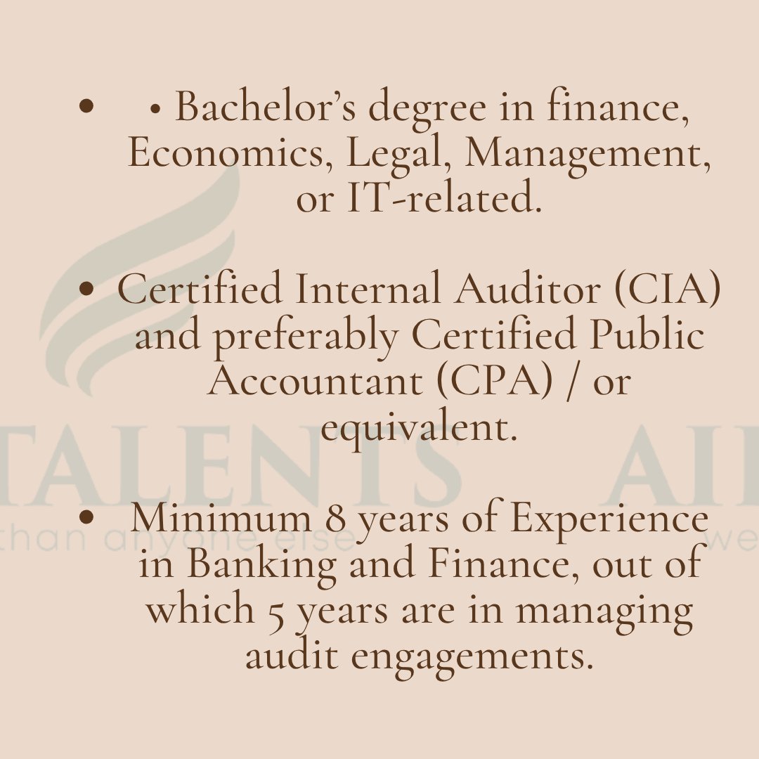 AidanTalents's tweet photo. AIDAN TALENTS is HIRING!

We're looking for a Lead IT Auditor with a certification in Internal Audit/Public Accountant.

~ Full-time position
~ On-site
~ UAE-based Bank

Interested in learning more? Let's chat! 🙂

#ITAudit #Audit #UAE #hiring #recruitment #sourcing #aidantalents https://t.co/1NdWe4isxC