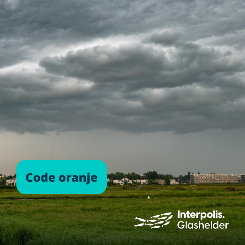 Interpolis's tweet photo. Het @knmi geeft voor vanmiddag code oranje af voor de provincies Limburg, Gelderland en Overijssel vanwege onweersbuien met kans op (zeer) zware windstoten, hagel en veel regen in korte tijd. Sluit ramen en deuren en berg losse spullen in de tuin op of zet ze vast.