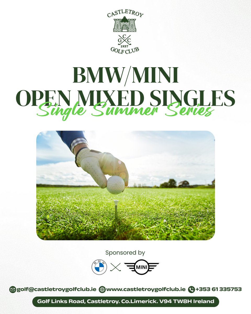 Castletroy Golf Club (@castletroygc) on Twitter photo ⛳ “Open Mixed Singles Summer Series — Teeing Off Today”
Today’s highlight:
🎯 Open Mixed Singles Summer Series
📍 <a href="/CastletroyGC/">Castletroy Golf Club</a>
🗓️ July 2
🤝 Sponsored by BMW & MINI
Who’s taking home bragging rights?
Follow along or swing by.
#OpenMixedSingles #SummerSeriesGolf #CastletroyClub ⛳ “Open Mixed Singles Summer Series — Teeing Off Today”
Today’s highlight:
🎯 Open Mixed Singles Summer Series
📍 <a href="/CastletroyGC/">Castletroy Golf Club</a>
🗓️ July 2
🤝 Sponsored by BMW & MINI
Who’s taking home bragging rights?
Follow along or swing by.
#OpenMixedSingles #SummerSeriesGolf #CastletroyClub