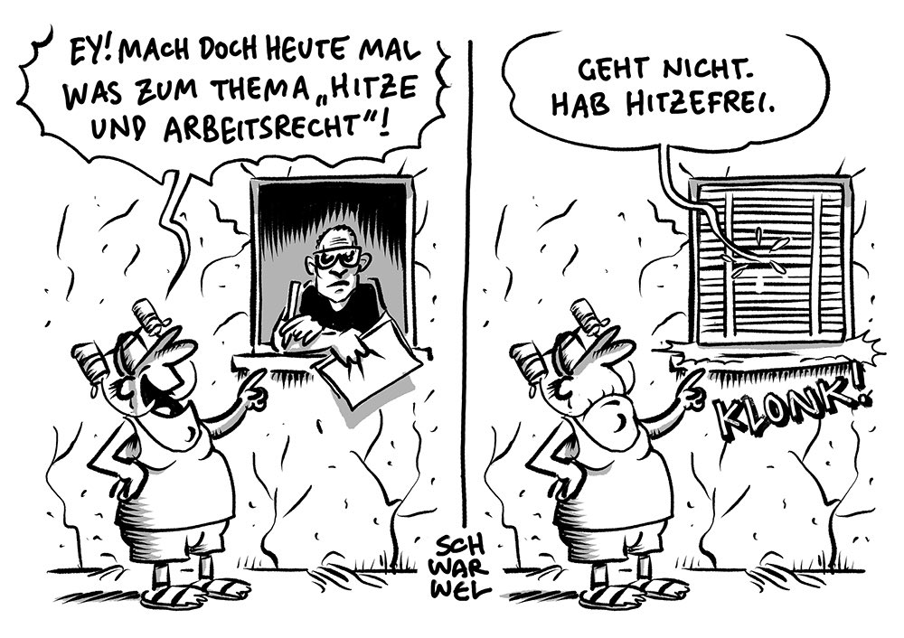„Hitzschlag, Sonnenstich, Erschöpfung – Zahl der Krankmeldungen infolge von Hitze steigt:
Arbeitgeber müssen bei Hitze Schutzmaßnahmen ergreifen“
#hitzewelle #hitzefrei #arbeitsrecht #schwarwel