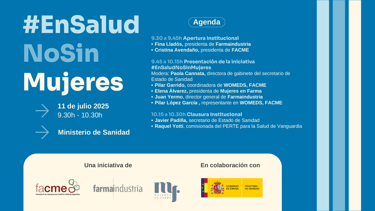 FACME (@facme_es) on Twitter photo 🗓️El próximo 1⃣1⃣ de julio presentamos #EnSaludNoSinMujeres, una iniciativa de <a href="/facme_es/">FACME</a>, <a href="/Farmaindustria/">Farmaindustria</a> y <a href="/mujeresenfarma/">Mujeres en Farma</a>, con el apoyo de <a href="/sanidadgob/">Ministerio de Sanidad</a>
📣 El objetivo: visibilizar la brecha de género en posiciones de liderazgo y espacios de toma de decisiones
Agenda👇🏻 🗓️El próximo 1⃣1⃣ de julio presentamos #EnSaludNoSinMujeres, una iniciativa de <a href="/facme_es/">FACME</a>, <a href="/Farmaindustria/">Farmaindustria</a> y <a href="/mujeresenfarma/">Mujeres en Farma</a>, con el apoyo de <a href="/sanidadgob/">Ministerio de Sanidad</a>
📣 El objetivo: visibilizar la brecha de género en posiciones de liderazgo y espacios de toma de decisiones
Agenda👇🏻