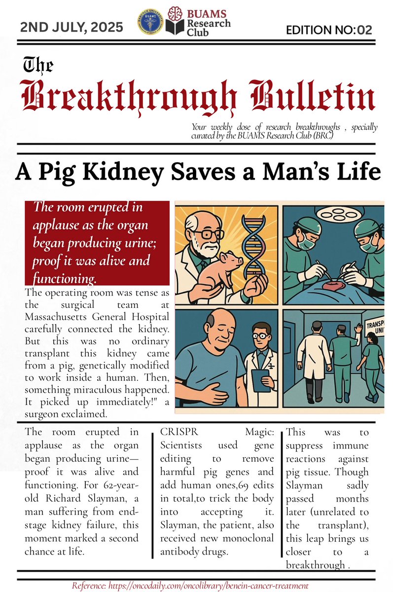 buamsresearch01's tweet photo. 🧬✨ The Breakthrough Bulletin update ✨🧬
A pig kidney was successfully transplanted into a human and it worked! 🐷➡️🧍‍♂️
This groundbreaking achievement is opening doors in the world of organ transplantation and xenomedicine.
Read more below! https://t.co/fNttbaiVOw