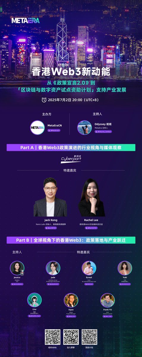 MetaEra 中文 (@metaeracn) on Twitter photo 🔥 香港Web3新动能:从《政策宣言2.0》到「区块链与数字资产试点资助计划」支持产业发展
⏰ 时间:7/2 20:00 UTC+8
🔗 链接:x.com/i/spaces/1yNGa…
✨ 主办方 & 主持人:<a href="/MetaEraCN/">MetaEra 中文</a>,<a href="/Odyssey_banban/">Odyssey班班</a>
🎙️ Part A 特邀嘉宾:<a href="/punk8185/">Jack孔@Nano Labs(NA)🇭🇰</a>,<a href="/RachL0101/">Rach.L</a>
🎙️ Part B 主持人 & 🔥 香港Web3新动能:从《政策宣言2.0》到「区块链与数字资产试点资助计划」支持产业发展
⏰ 时间:7/2 20:00 UTC+8
🔗 链接:x.com/i/spaces/1yNGa…
✨ 主办方 & 主持人:<a href="/MetaEraCN/">MetaEra 中文</a>,<a href="/Odyssey_banban/">Odyssey班班</a>
🎙️ Part A 特邀嘉宾:<a href="/punk8185/">Jack孔@Nano Labs(NA)🇭🇰</a>,<a href="/RachL0101/">Rach.L</a>
🎙️ Part B 主持人 &