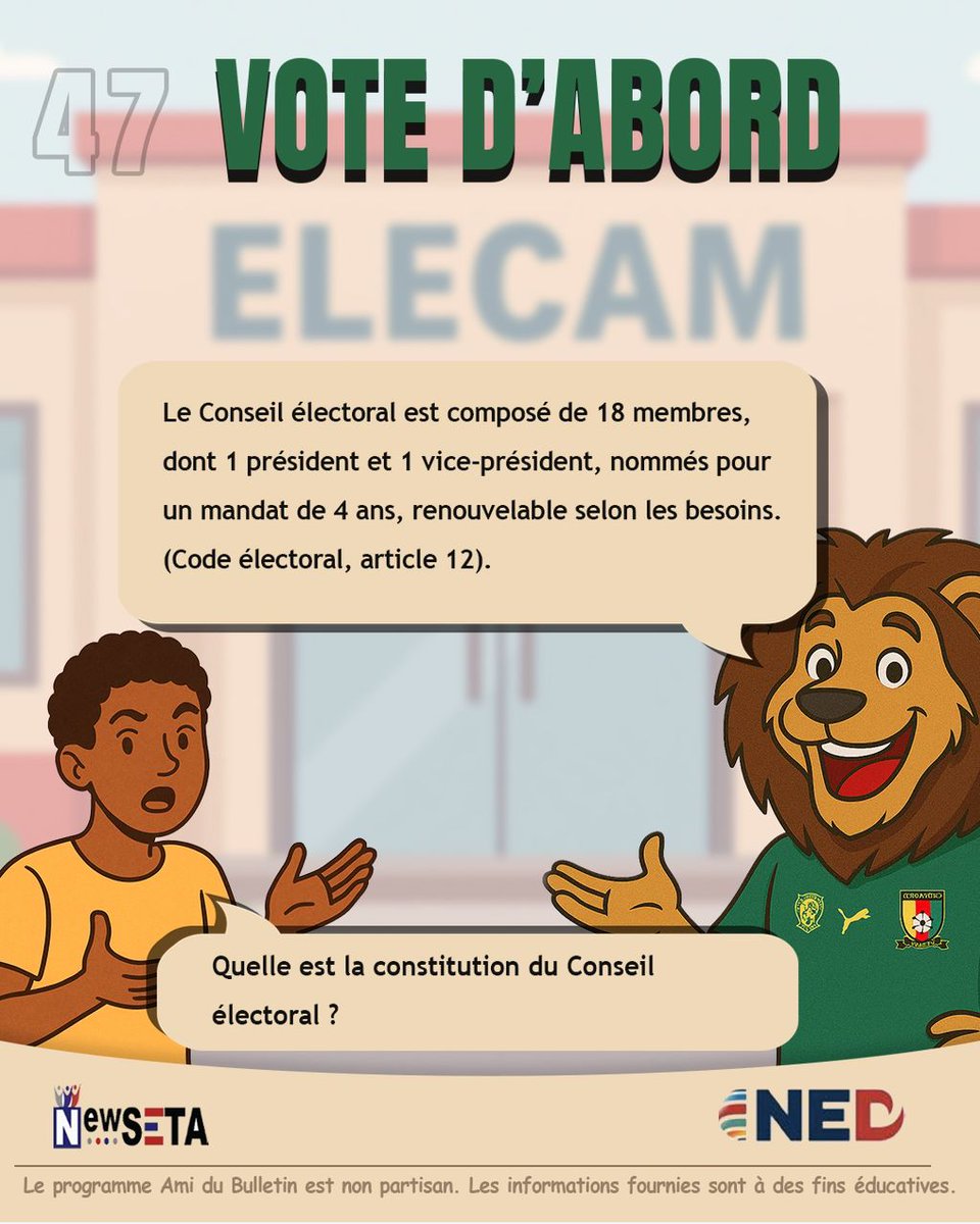 NewSETA's tweet photo. Hier, nous avons appris qu'ELECAM est composé de deux organes principaux : le Conseil électoral et la Direction générale des élections. Dans les prochains dépliants, nous examinerons de plus près la structure et les responsabilités du Conseil électoral.
#ballotbuddy
#votefirst https://t.co/dSp52NrX0e