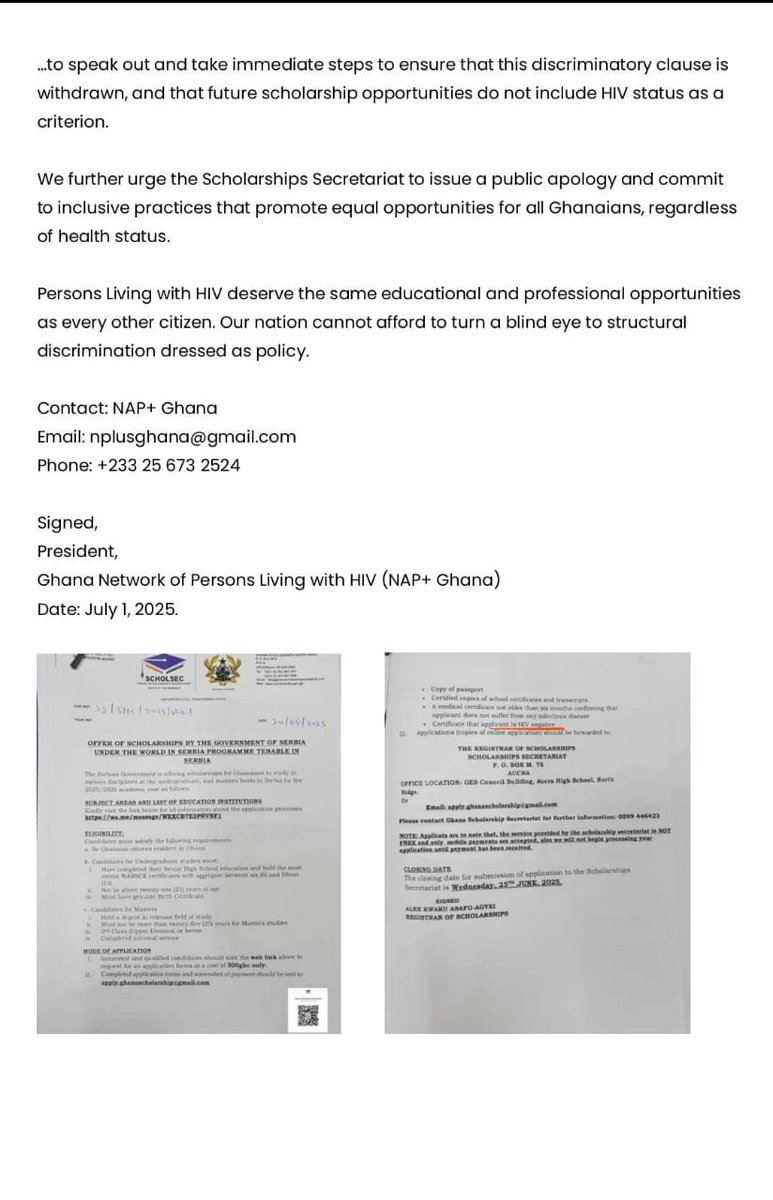 ghana_nplus's tweet photo. 📢NAP+ Ghana condemns the discriminatory HIV-negative requirement in the Serbia scholarship advert by the Ghana Scholarships Secretariat. Excluding PLHIV is a violation of rights and fuels stigma.We are disappointed and feel discriminated against #EndHIVStigma #EqualOpportunities https://t.co/eclubxZYqX