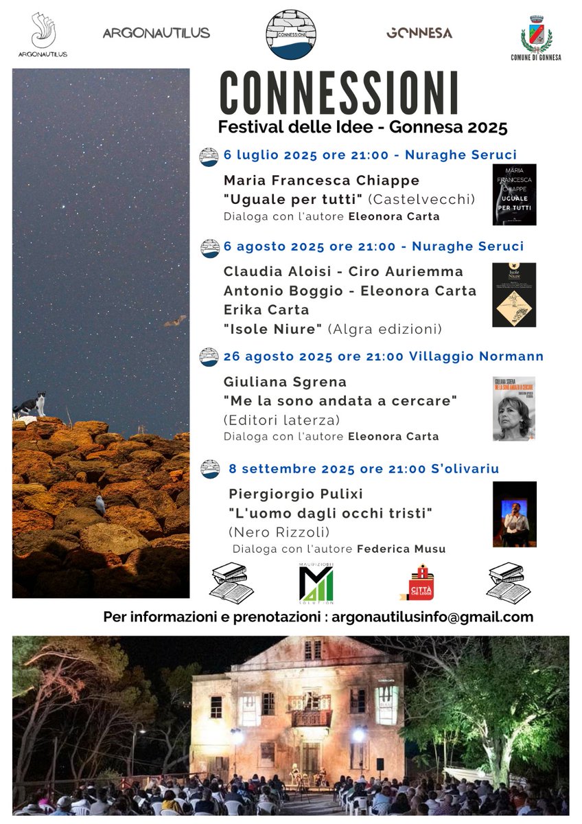 Connessioni 2025 Festival delle Idee VI edizione Comune di Gonnesa. Il programma completo
🚩Prima serata: DOMENICA 06 Luglio
Nuraghe Seruci - ore 21:00
✨Maria Francesca Chiappe "Uguale per tutti" 📚