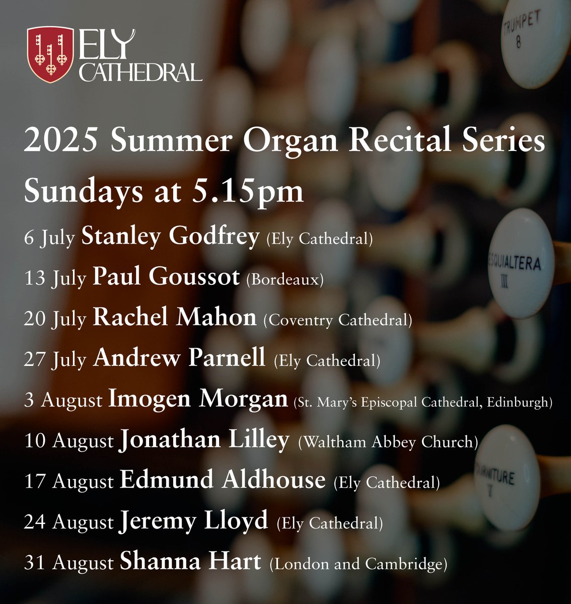 🎹 A new series of Organ Recitals starts this Sunday at 5.15pm - A chance to hear the magnificent organ of Ely Cathedral played by our resident and guest musicians.

Admission is free, with a retiring collection. The recitals will also be live streamed via our YouTube channel.