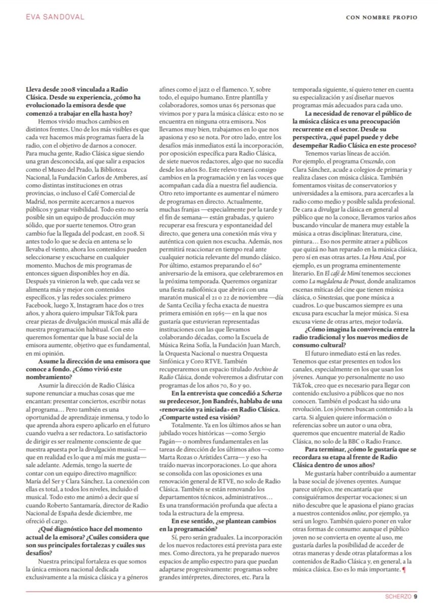 Eva Sandoval (@evasandovalrne) on Twitter photo Muchas gracias a la revista <a href="/Scherzo_es/">Scherzo</a> y a Elena del Río por esta entrevista tan interesante y directa, en la que se ponen sobre la mesa temas clave para el futuro de <a href="/radioclasica/">Radio Clásica</a> <a href="/rne/">Radio Nacional</a> <a href="/RTVE_Com/">RTVE Comunicación y Participación</a> <a href="/rtve/">RTVE</a> y del público de la música clásica en general.
👉🎧scherzo.es/entrevista-eva… Muchas gracias a la revista <a href="/Scherzo_es/">Scherzo</a> y a Elena del Río por esta entrevista tan interesante y directa, en la que se ponen sobre la mesa temas clave para el futuro de <a href="/radioclasica/">Radio Clásica</a> <a href="/rne/">Radio Nacional</a> <a href="/RTVE_Com/">RTVE Comunicación y Participación</a> <a href="/rtve/">RTVE</a> y del público de la música clásica en general.
👉🎧scherzo.es/entrevista-eva…