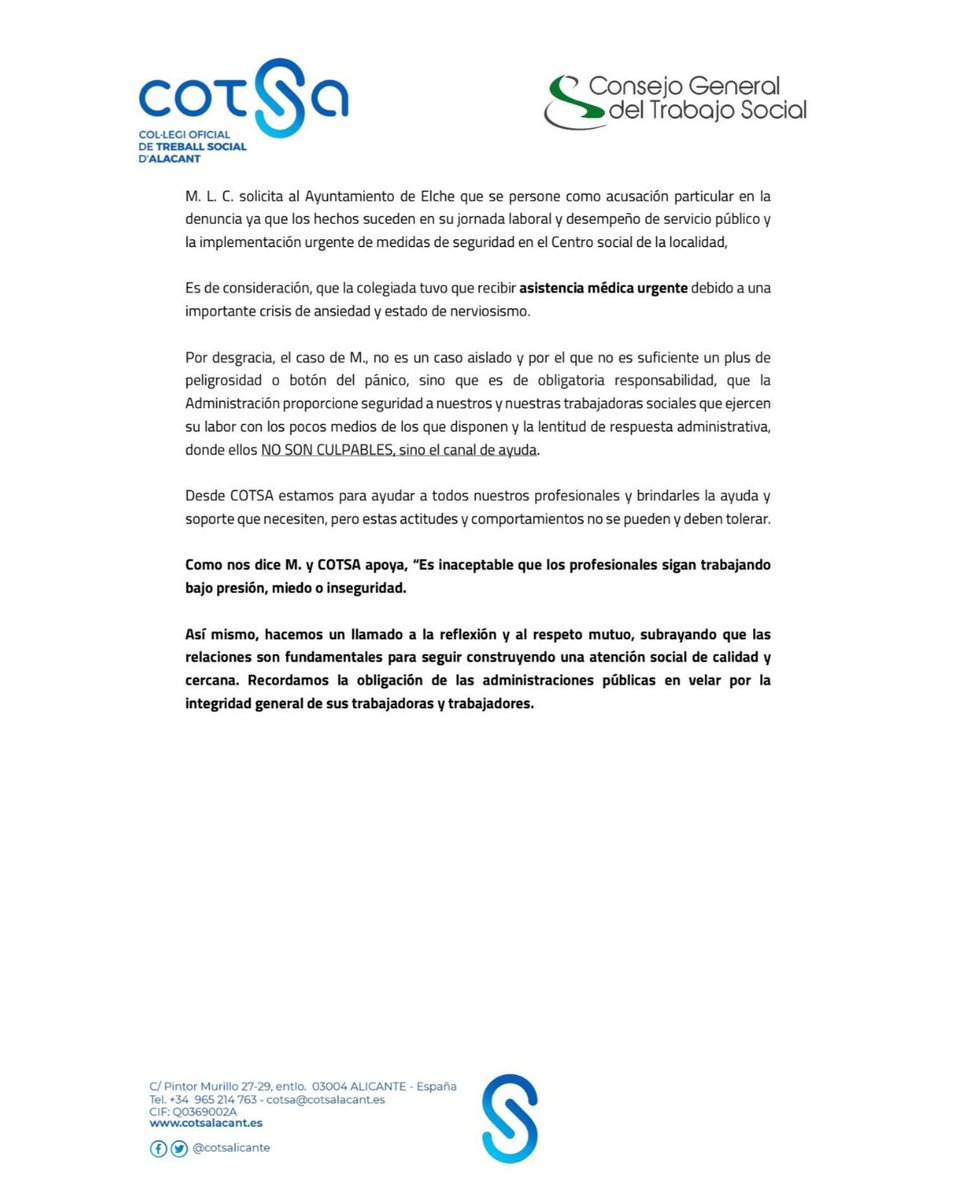 COTSAlacant's tweet photo. 🔴 Desde #COTSA y @cgtrabajosocial condenamos la agresión sufrida por una compañera del @ajuntamentelx (Centro de Servicios Sociales).

En nuestro comunicado 📰, rechazamos toda violencia hacia profesionales del #TrabajoSocial y exigimos entornos seguros y respetuosos. https://t.co/MSKQb4ipw1
