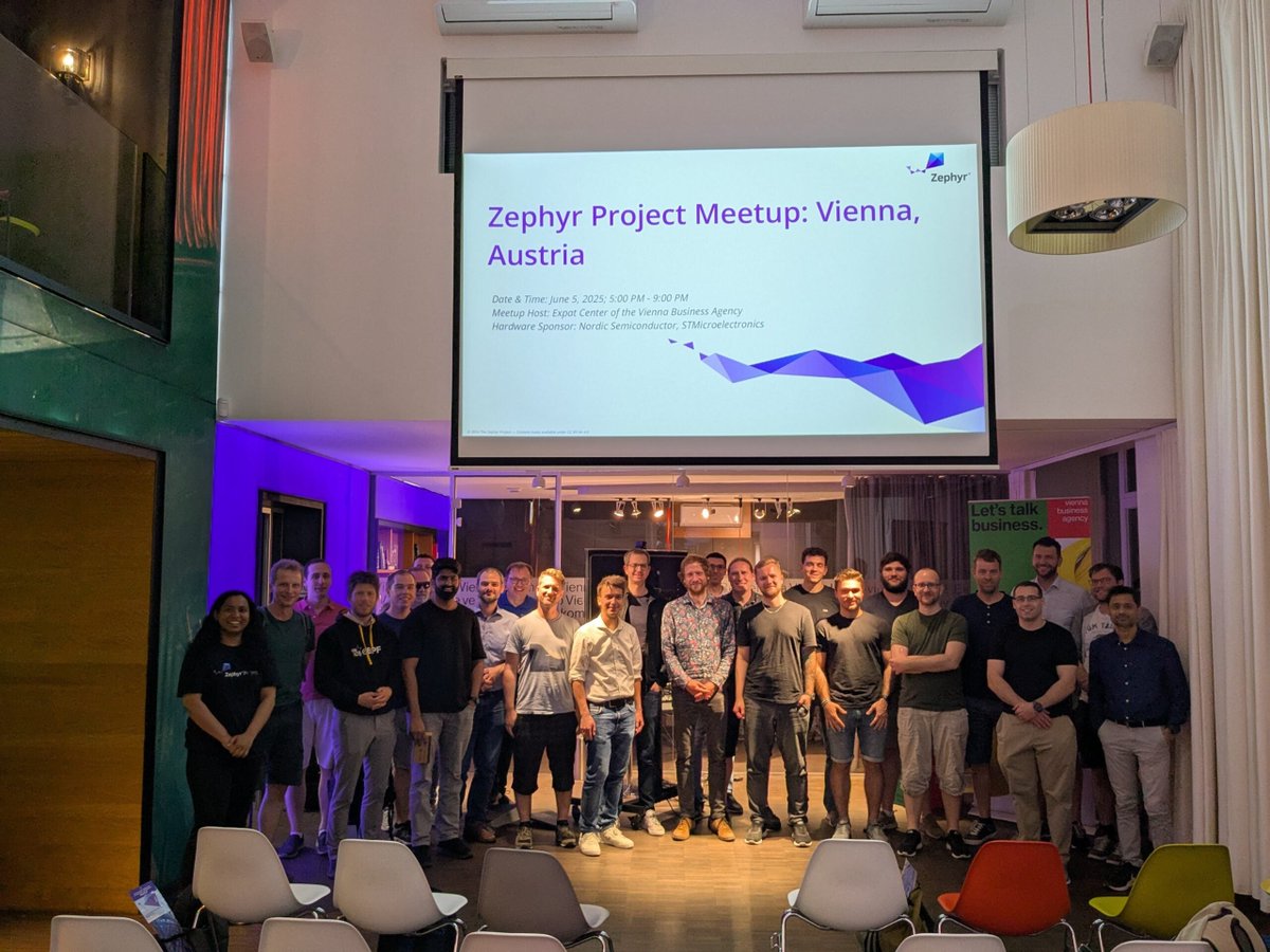 Zephyr Project (@zephyriot) on Twitter photo Big thanks to everyone who joined the <a href="/ZephyrIoT/">Zephyr Project</a> Meetup in Vienna, Austria! 🙌
Speakers, sponsors (<a href="/NordicTweets/">Nordic Semiconductor</a> <a href="/ST_World/">STMicroelectronics</a> & Vienna Business Agency), and our amazing attendees, you made it unforgettable. 🎉
📸 Photos + recap: hubs.la/Q03vzMr90 #ZephyRTOS #opensource Big thanks to everyone who joined the <a href="/ZephyrIoT/">Zephyr Project</a> Meetup in Vienna, Austria! 🙌
Speakers, sponsors (<a href="/NordicTweets/">Nordic Semiconductor</a> <a href="/ST_World/">STMicroelectronics</a> & Vienna Business Agency), and our amazing attendees, you made it unforgettable. 🎉
📸 Photos + recap: hubs.la/Q03vzMr90 #ZephyRTOS #opensource