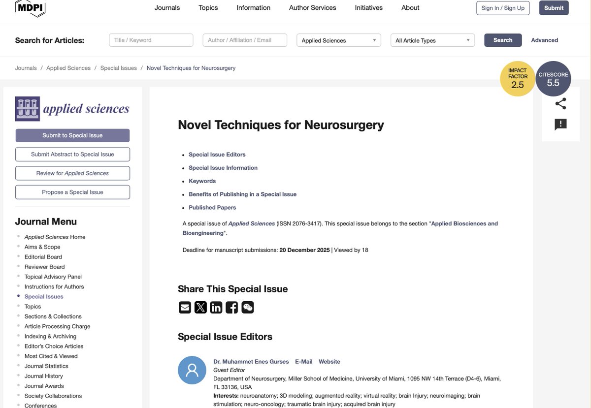 meGursesmd's tweet photo. I am honored to serve as a Guest Editor for the upcoming Special Issue of Applied Sciences (MDPI), titled:"Novel Techniques for #Neurosurgery  #BiomedicalEngineering #Imaging #ARVR #Neurotechnology #Robotics #AIinMedicine #Neuroscience #MDPI #AppliedSciences #SpecialIssue https://t.co/cMb2EhilHv