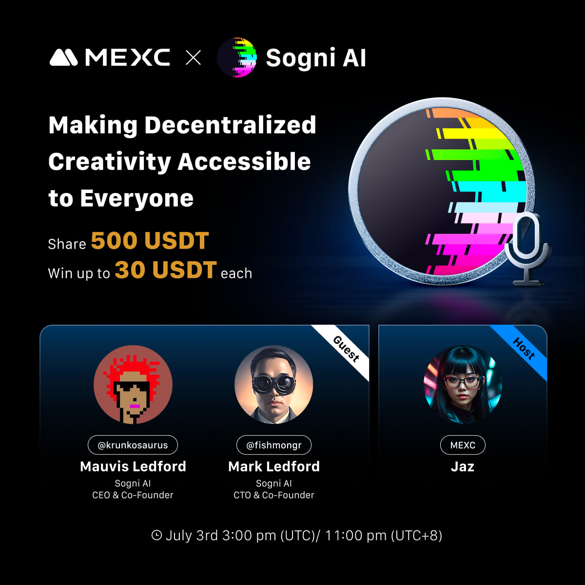 MEXC_Listings (@mexc_listings) on Twitter photo 🎙️ MEXC X Space AMA 🎙️
🔹Topic: MEXC x Sogni AI : Making Decentralized Creativity Accessible to Everyone
🔹Guest: <a href="/krunkosaurus/">Mau “Rules without Rulers” Ledford</a>, <a href="/fishmongr/">Mark Ledford</a> from <a href="/Sogni_Protocol/">Sogni.ai</a>
🔔 Set a reminder now: x.com/i/spaces/1yoKM…
🎁 Win up to 30 $USDT each: gleam.io/FQtvt/mexc-x-s… 🎙️ MEXC X Space AMA 🎙️
🔹Topic: MEXC x Sogni AI : Making Decentralized Creativity Accessible to Everyone
🔹Guest: <a href="/krunkosaurus/">Mau “Rules without Rulers” Ledford</a>, <a href="/fishmongr/">Mark Ledford</a> from <a href="/Sogni_Protocol/">Sogni.ai</a>
🔔 Set a reminder now: x.com/i/spaces/1yoKM…
🎁 Win up to 30 $USDT each: gleam.io/FQtvt/mexc-x-s…