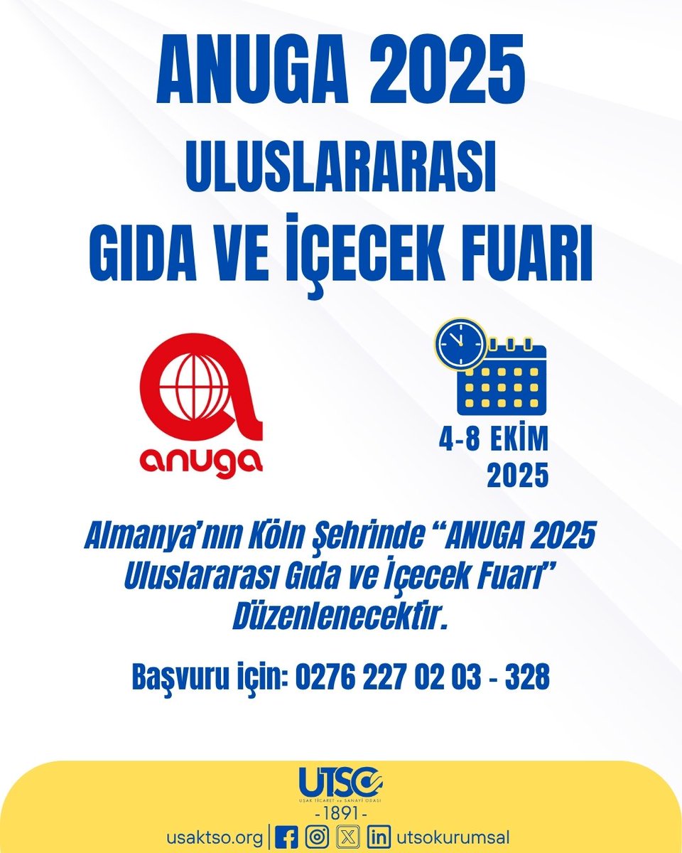 🌍 ANUGA 2025 Uluslararası Gıda ve İçecek Fuarı – Almanya / Köln

📌 Tarih: 4–8 Ekim 2025
📍 Yer: Köln / Almanya
🎯 Kapsam: Gıda, içecek, ithalat, ihracat, tedarik zinciri, inovasyon
📞 Başvuru ve Bilgi İçin: 0276 227 02 03 – Dahili 328